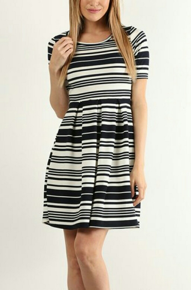 NWT Navy Stripe Pleat Fit & Flare Dress